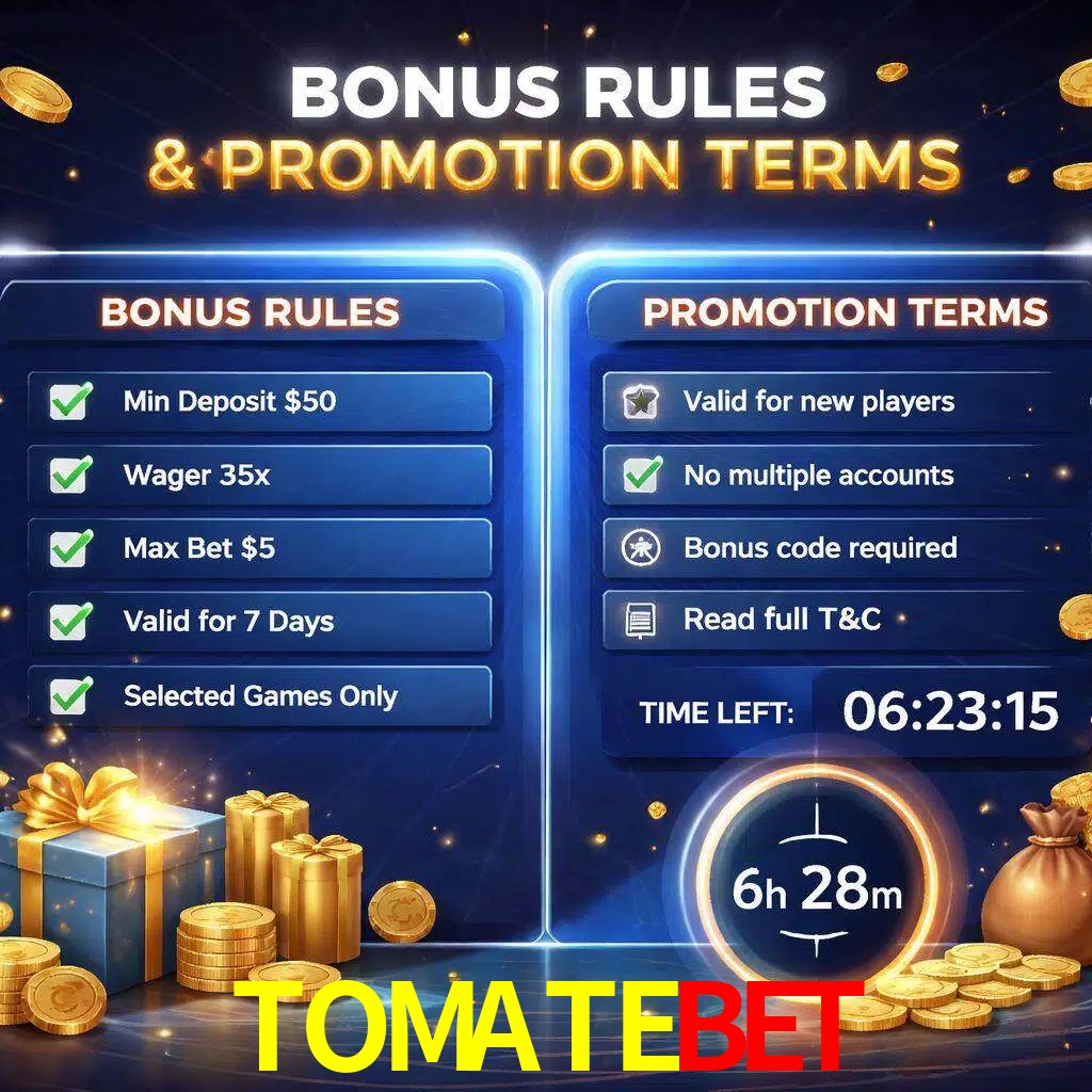 Reglas de promoción TOMATEBET y condiciones de bonos explicadas visualmente