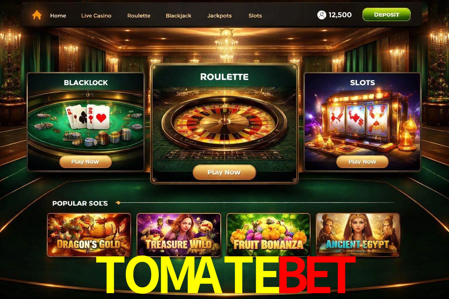 Vista de la plataforma TOMATEBET Casino mostrando categorías organizadas de juegos en línea
