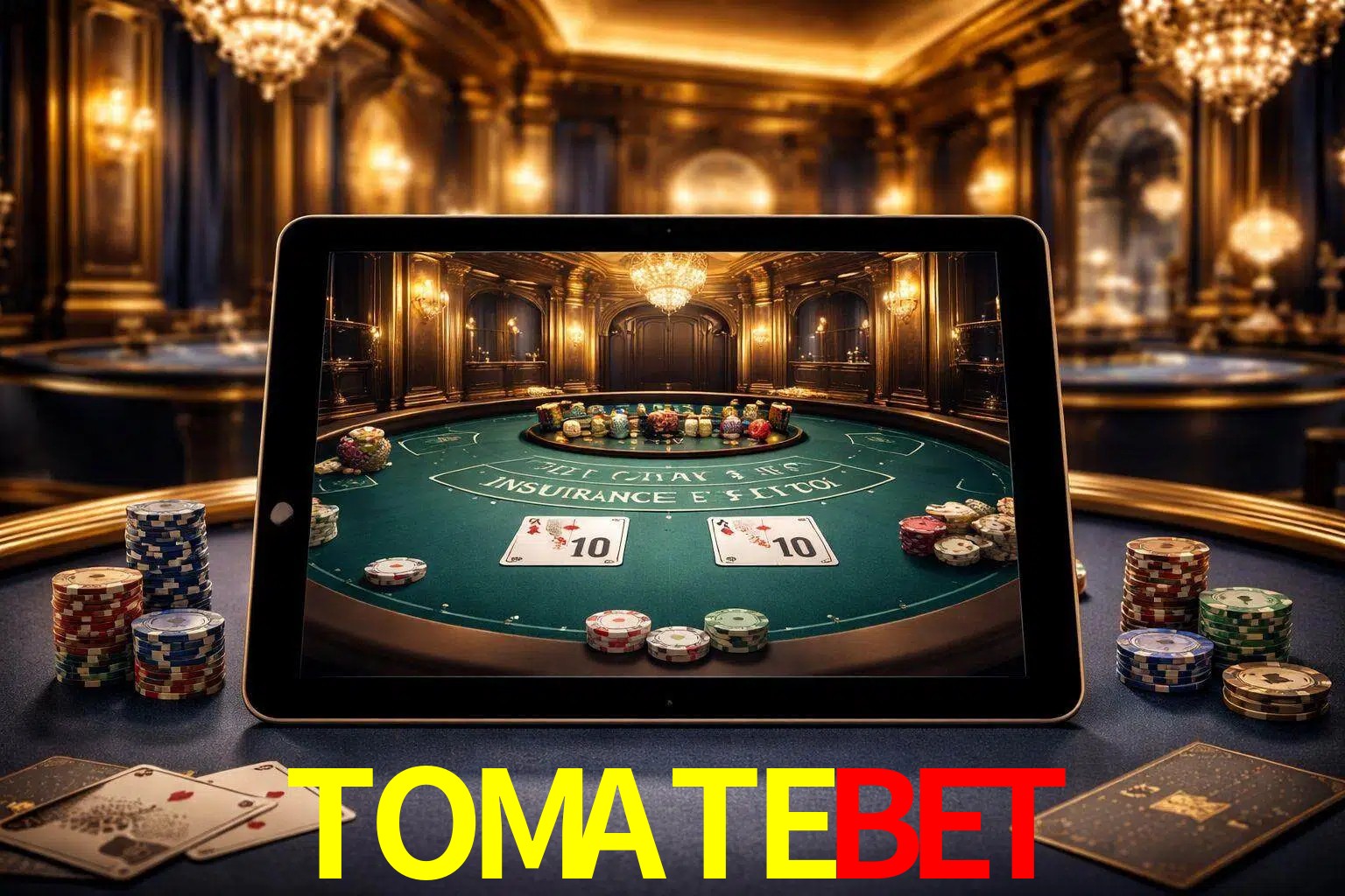 Configuración moderna de casino en vivo con una tableta mostrando una mesa de blackjack, luces cálidas de estudio y una atmósfera elegante de juegos digitales.