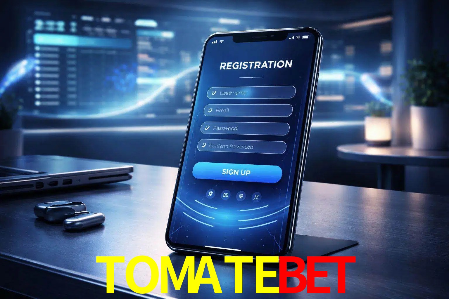 Una interfaz moderna de registro móvil para TOMATEBET mostrada en un smartphone con un panel de apuestas elegante.